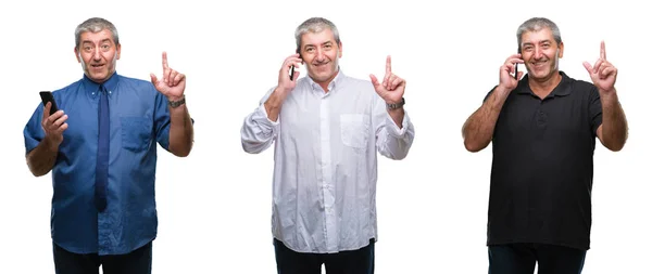 Collage Senior Hoary Man Using Smartphone White Isolated Backgroud Surprised — Foto Stock