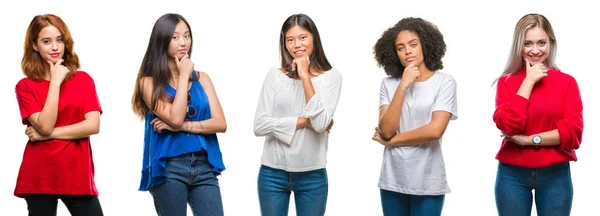 Collage Grupo Hermosas Mujeres Chinas Asiáticas Afroamericanas Caucásicas Sobre Fondo —  Fotos de Stock