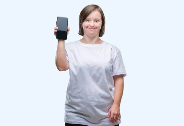 Mujer Adulta Joven Con Síndrome Mostrando Pantalla Del Teléfono Inteligente —  Fotos de Stock