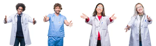 看護師 外科医人ハグするため両手を広げて笑みを浮かべてカメラを見て孤立の背景の上のグループのコラージュ 晴れやかな表情の受け入れ幸せ — ストック写真