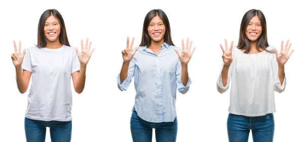 亚洲年轻女子的拼贴画站在白色孤立的背景显示和指向手指八 而微笑着自信和快乐 — 图库照片