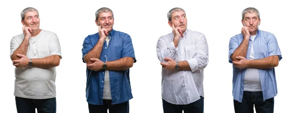 Collage Senior Hoary Man White Isolated Backgroud Hand Chin Thinking — Stock Photo, Image