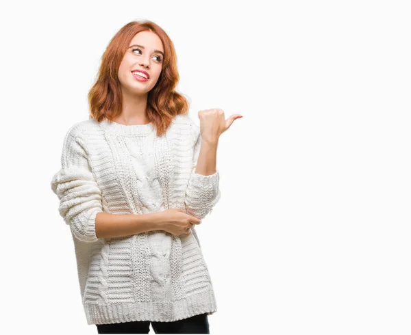 Junge Schöne Frau Über Isoliertem Hintergrund Trägt Winterpullover Lächelnd Mit — Stockfoto