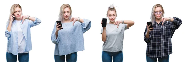 Collage Belle Jeune Femme Blonde Utilisant Smartphone Sur Fond Isolé — Photo