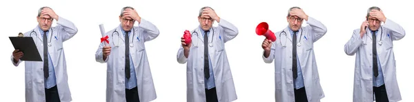 Collage Senior Hoary Doctor Man White Isolato Backgroud Stressato Con — Foto Stock