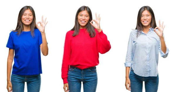 Collage Asiatisk Ung Kvinde Stående Hvid Isoleret Baggrund Smilende Positiv - Stock-foto