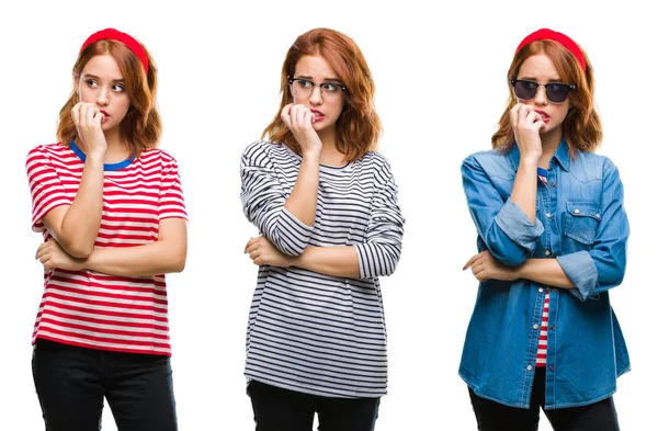 Collage Van Jonge Mooie Roodharige Vrouw Geïsoleerde Achtergrond Zoek Gestresst — Stockfoto