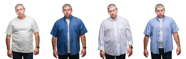 Collage Hombre Alzado Senior Sobre Blanco Aislado Fondo Hinchando Mejillas —  Fotos de Stock