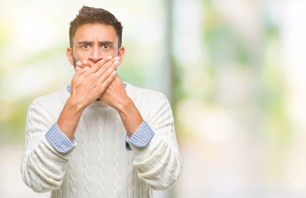 Adult Hispanic Man Wearing Winter Sweater Isolated Background Shocked Covering — Stock Photo, Image