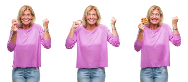 Collage Hermosa Mujer Rubia Mediana Edad Comiendo Dulces Sobre Fondo — Foto de Stock