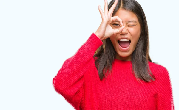 Joven Mujer Asiática Vistiendo Suéter Invierno Sobre Fondo Aislado Haciendo —  Fotos de Stock