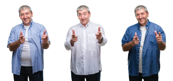 Коллаж Пожилого Седовласого Человека Над Белой Изолированной Задницей Указывающей Пальцем — стоковое фото