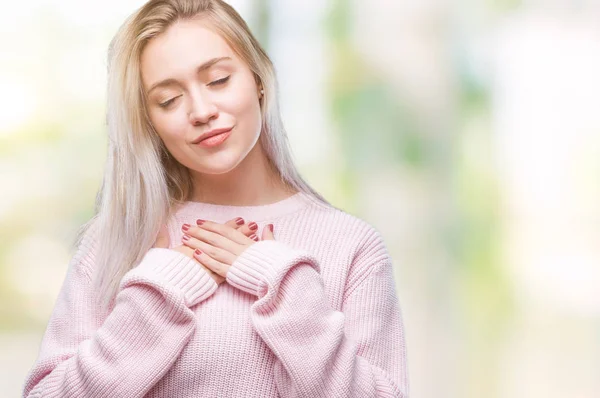 Jonge Blonde Vrouw Winter Trui Dragen Geïsoleerde Achtergrond Glimlachend Met — Stockfoto