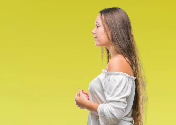 Jonge Kaukasische Mooie Vrouw Geïsoleerde Achtergrond Zoek Naar Kant Ontspannen — Stockfoto