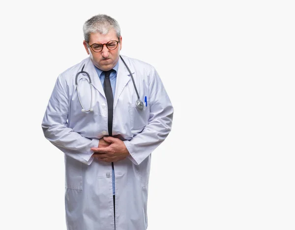 Bonito Médico Sênior Homem Sobre Fundo Isolado Com Mão Sobre — Fotografia de Stock