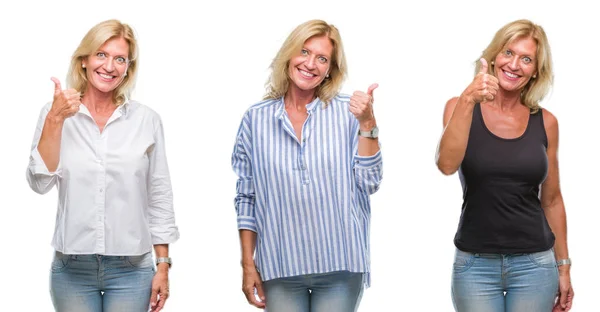 Collage Einer Schönen Blonden Frau Mittleren Alters Über Weißem Isoliertem — Stockfoto