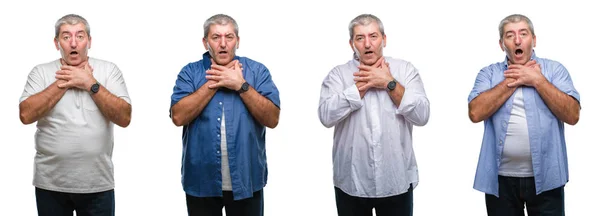 Collage Van Senior Hoary Man Witte Geïsoleerd Backgroud Schreeuwen Stik — Stockfoto