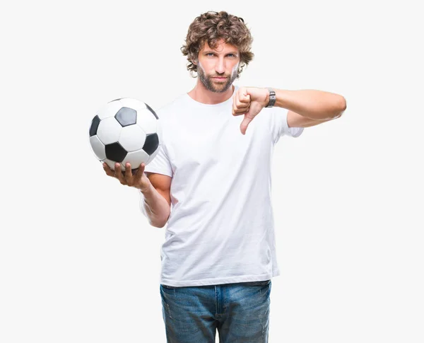 Modelo Hombre Hispano Guapo Sosteniendo Pelota Fútbol Sobre Fondo Aislado —  Fotos de Stock