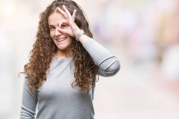 Piękna Brunetka Kręcone Włosy Młoda Dziewczyna Białym Tle Robi Gest — Zdjęcie stockowe