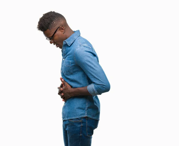 Hombre Afroamericano Joven Sobre Fondo Aislado Con Mano Estómago Porque — Foto de Stock