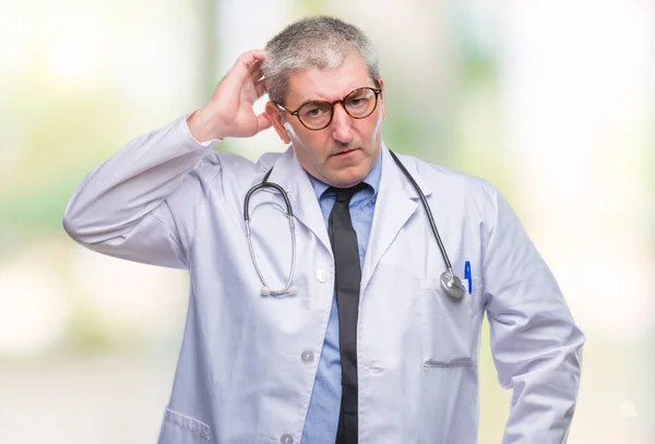 Handsome Senior Doctor Man Isolated Background Confuse Wonder Question Uncertain — Stock Photo, Image