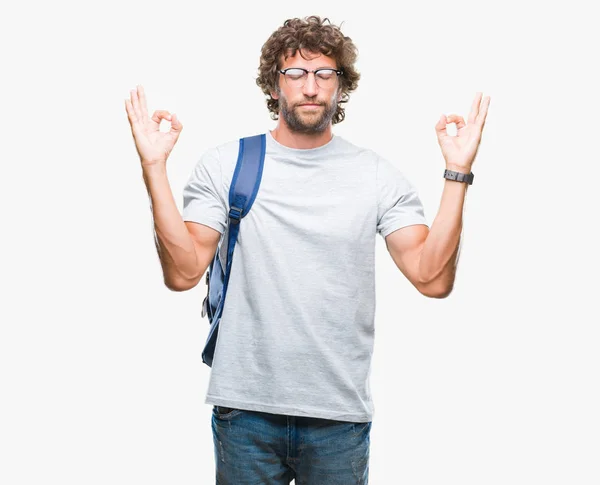 Handsome Hispanic Student Man Wearing Backpack Glasses Isolated Background Relax — Stock Photo, Image