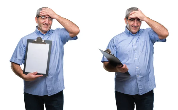 Collage Senior Hoary Business Man Holding Clipboard White Isolated Backgroud — Foto de Stock