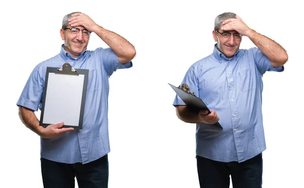 Collage Senior Hoary Business Man Holding Clipboard White Backgroud Isolato — Foto Stock