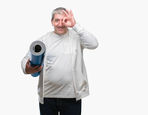 Handsome Senior Man Holding Yoga Mat Isolated Background Happy Face — Stock Photo, Image
