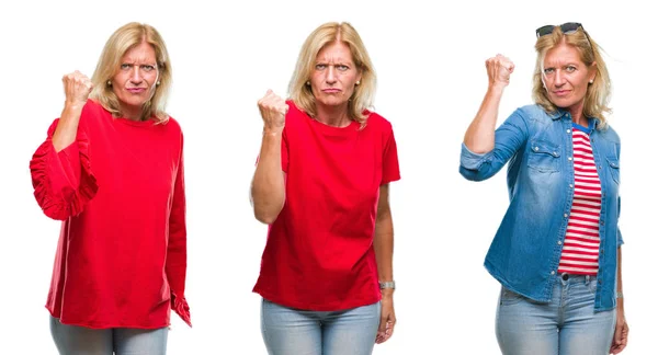 Collage Beautiful Middle Age Blonde Woman White Isolated Backgroud Angry — Stock Photo, Image