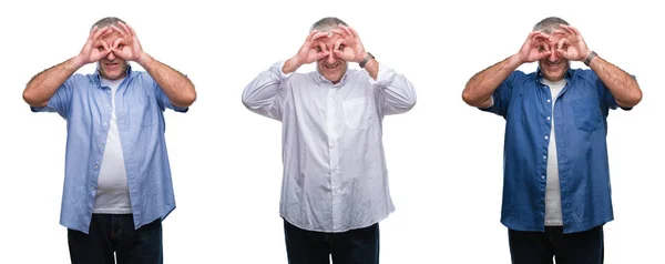 Collage Senior Hoary Man White Isolated Backgroud Doing Gesture Binoculars — Stock Photo, Image