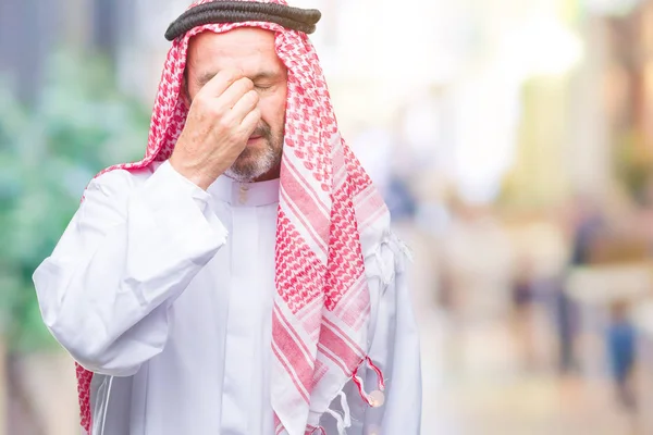 Senior Arab Man Wearing Keffiyeh Isolated Background Tired Rubbing Nose Royalty Free Stock Photos