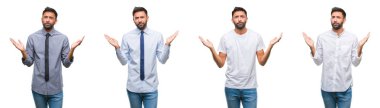 Kolaj rahat bakmak beyaz izole backgroud clueless ve şaşkın bir ifadeyle kollar ve eller kaldırdı üzerinde giyen genç adam. Şüphe kavramı.