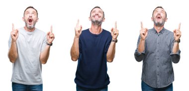 Kolaj izole arka plan üzerinde duran üst düzey ağarmış yakışıklı bir hayran ve yukarıya bakıp parmakları ile işaret şaşırttı ve silah kaldırdı.