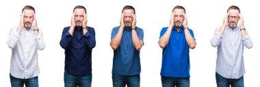 Kolaj duran yakışıklı üst düzey ağarmış zarif iş adamı izole arka plan baş baş ağrısı için el ile çünkü stres. Migren muzdarip.