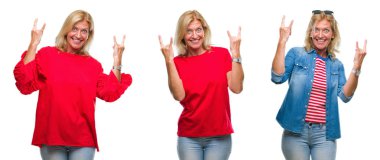 Beyaz güzel orta yaş sarışın kadın kolaj backgroud bağırarak deli ifade rock simge elle yapıyor ile izole. Müzik yıldızı. Ağır kavramı.