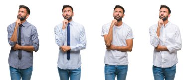 Kolaj rahat bakmak beyaz izole backgroud çene düşünme hakkında soru, dalgın ifade üzerine el ile üzerinden giyen genç adam. Düşünceli yüzüyle gülümsüyor. Şüphe kavramı.