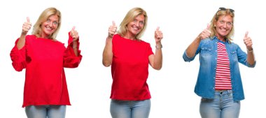 Kolaj güzel orta yaş Beyaz sarışın kadın backgroud onaylama izole el ile pozitif jest yapıyor gülümseyen ve başarı için mutlu yaşasın. Kamera, kazanan jest arıyorsunuz.