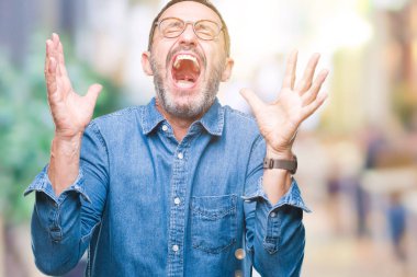 Orta yaş ağarmış komuta sizde üzerinde gözlük takan deli kutluyor arka plan izole ve silah ile başarı için yükseltilmiş ve açık gözleri heyecanlı çığlık hayrete düşürdü. Kazanan kavramı