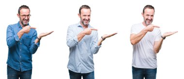 Yakışıklı üst düzey ağarmış adam üzerinden hayran ve el ile sunulması ve parmak ile işaret ederken kameraya gülümseyen izole arka plan ayakta kolaj.