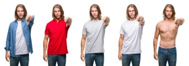 Yakışıklı genç adamın beyaz izole backgroud mutsuz ve kızgın ret gösterilen ve başparmak aşağı hareketi ile negatif seyir üzerinde rahat bakmak giydiğini kolaj. Kötü ifade.