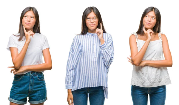 Collage Mujer Joven Asiática Pie Sobre Fondo Blanco Aislado Con —  Fotos de Stock
