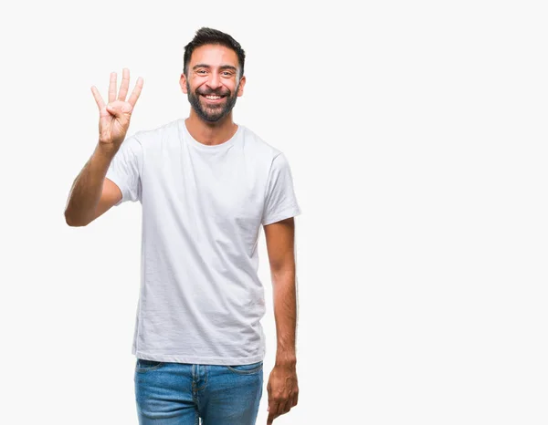 Hombre Hispano Adulto Sobre Fondo Aislado Mostrando Señalando Hacia Arriba — Foto de Stock