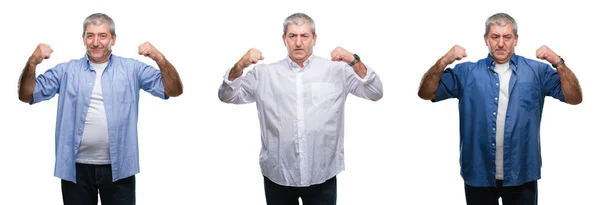 Collage Senior Hoary Man White Isolated Backgroud Showing Arms Muscles — Stock Photo, Image