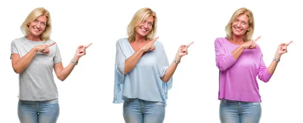 Collage Van Middenleeftijd Mooie Blonde Vrouw Witte Geïsoleerde Backgroud Glimlachen — Stockfoto