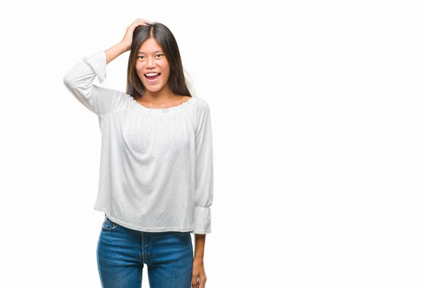 Young Asian Woman Isolated Background Confuse Wonder Question Uncertain Doubt — Stock Photo, Image