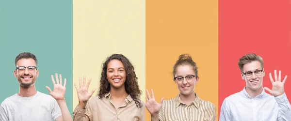 Collage Groupe Personnes Isolées Sur Fond Coloré Montrant Pointant Vers — Photo