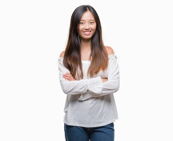 Jonge Aziatische Vrouw Geïsoleerde Achtergrond Blij Gezicht Lachend Met Gekruiste — Stockfoto