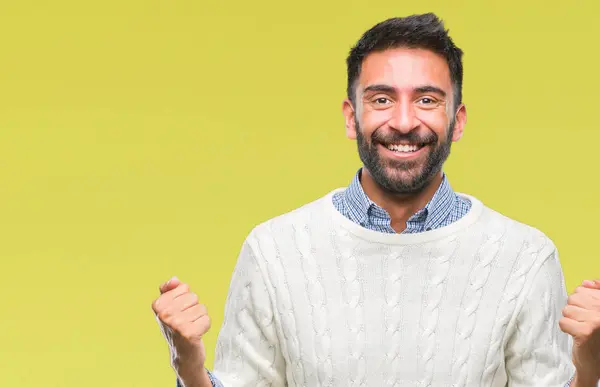 Uomo Ispanico Adulto Che Indossa Maglione Invernale Sfondo Isolato Celebrando — Foto Stock