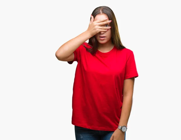 Young Beautiful Caucasian Woman Isolated Background Peeking Shock Covering Face — Stock Photo, Image
